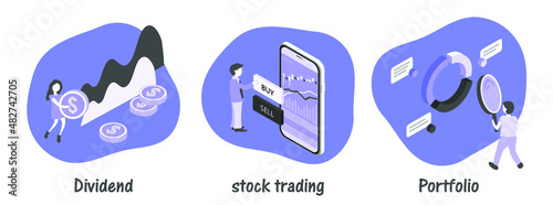 Stock Market abstract concept illustration set. portfolio, stock trading, investments and Dividend, securities, money, economic, finance abstract metaphor.
