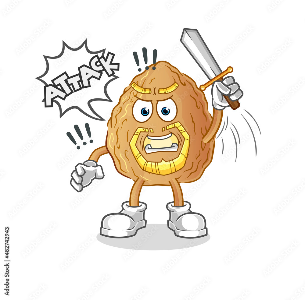 almond knights attack with sword. cartoon mascot vector