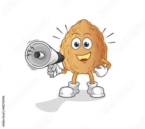 almond holding hand loudspeakers vector. cartoon character