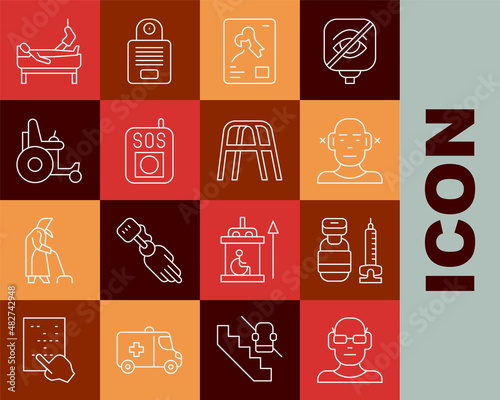 Set line Poor eyesight, Syringe, Deaf, X-ray shots, Press the SOS button, Electric wheelchair, Patient with broken leg and Walker icon. Vector