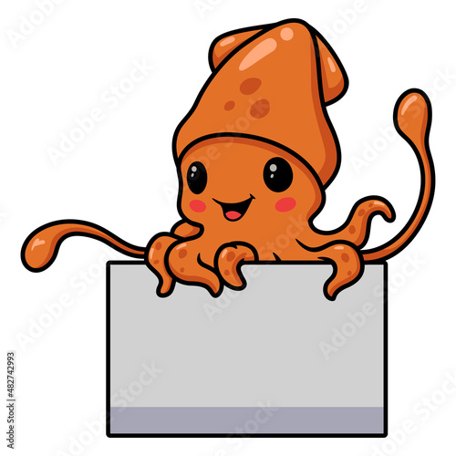 Cute little squid cartoon with blank sign
