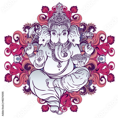 Hindu Lord Ganesha over ornate colorful mandala. Vector illustration.