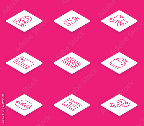 Set line Seller, Sauce bottle, Hand truck and boxes, Credit card, Barcode, Shopping bag food, Chicken egg and Canned fish icon. Vector