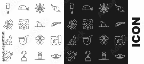 Set line Pirate hat, treasure map, Vintage pistol, Ship steering wheel, porthole with seascape, coin, Spyglass telescope lens and Shark fin ocean wave icon. Vector