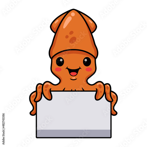 Cute little squid cartoon with blank sign