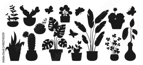 House plant in pot  decorative silhouette set. Exotic houseplants flowerpot for interior. Botanical house indoor blooming plants  flower  cactus  monstera  aloe potted ceramic. Isolated flat vector