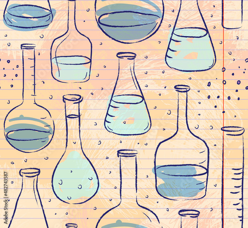 Back to School: science lab objects doodle vintage style sketches seamless pattern, vector illustration. Doodle lab equipment. Note book page paper.Biology geology alchemy chemistry. Tattoo elements.