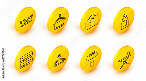 Set line Iron and ironing board, Garment steamer, Hanger wardrobe, Towel stack, Bottle for cleaning agent, T-shirt, hanger and Temperature wash icon. Vector