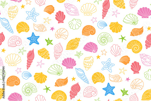 Seashells doodle, multicolor wrapper. Ocean marine shell seamless pattern, starfish mollusk, conch sink scrapbook paper. Print under water outline hand drawn design elements. Contour endless vector