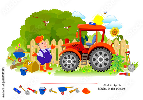 Logic puzzle game for kids. Find 8 objects hidden in the picture. Educational page for children. Developing counting skills. Play online. IQ test. Task for attentiveness. Cartoon vector illustration.