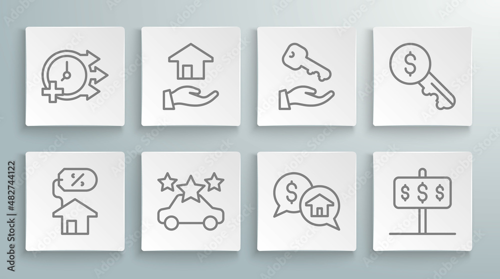 Set line House with percant, Realtor, Car sharing, Price negotiation, dollar, key, Rent and Clock icon. Vector Set line House with percant, Realtor, Car sharing, Price negotiation, dollar, key, Rent and Clock icon. Vector