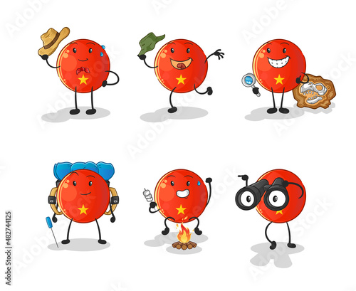 vietnamese flag adventure group character. cartoon mascot vector