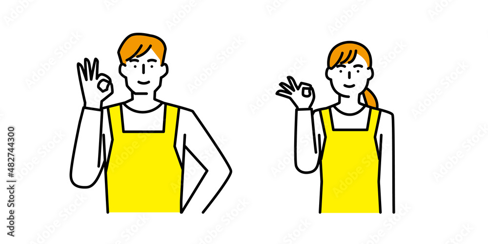 OKサインを出すエプロン姿の男性と女性