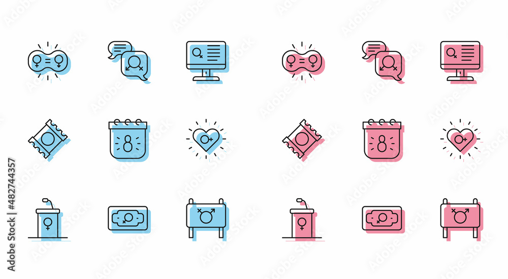 Set line Debate podium rostrum, Money growth woman, Gender equality, Feminist activist, Calendar with 8 March, Feminism, Condom package and icon. Vector Set line Debate podium rostrum, Money growth woman, Gender equality, Feminist activist, Calendar with 8 March, Feminism, Condom package and icon. Vector
