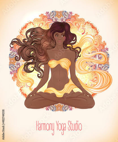 Beautiful African American Girl sitting in Lotus pose with ornate mandala on background. Vector illustration. Spa consent, yoga studio, or natural medicine clinic.