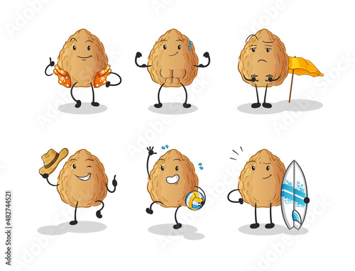 almond beach vacation set character. cartoon mascot vector
