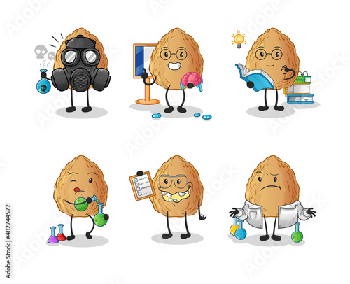 almond scientist group character. cartoon mascot vector