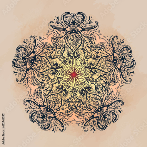 All seeing eye in ornate round mandala pattern. Mystic, alchemy, occult conce...