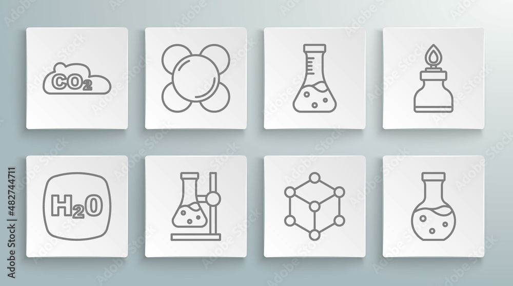 Set line Chemical formula H2O, Molecule, Test tube flask on stand, Alcohol spirit burner and CO2 emissions in cloud icon. Vector