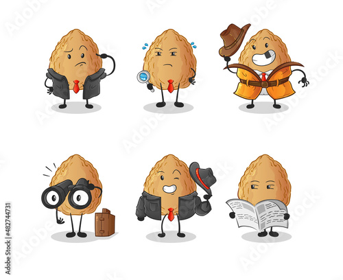 almond detective group character. cartoon mascot vector