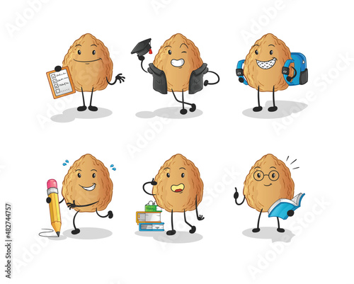 almond education set character. cartoon mascot vector