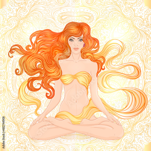 Beautiful Caucasian Girl with long curly hair sitting in Lotus pose over gold ornate pattern on background. Vector illustration. Spa consent, yoga studio, or natural medicine clinic.