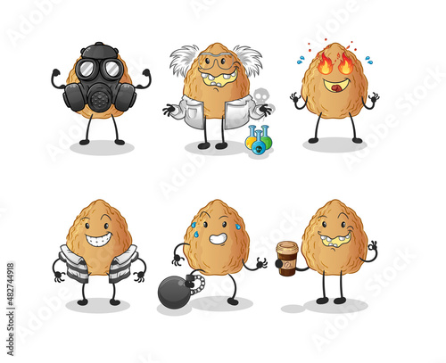 almond villain group character. cartoon mascot vector