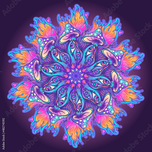 Magic mushrooms mandala. Psychedelic hallucination. Vibrant trippy vector illustration. 60s hippie colorful art. Hand drawn design in ethnic Indian style. Mystic abstract hippie and boho texture.