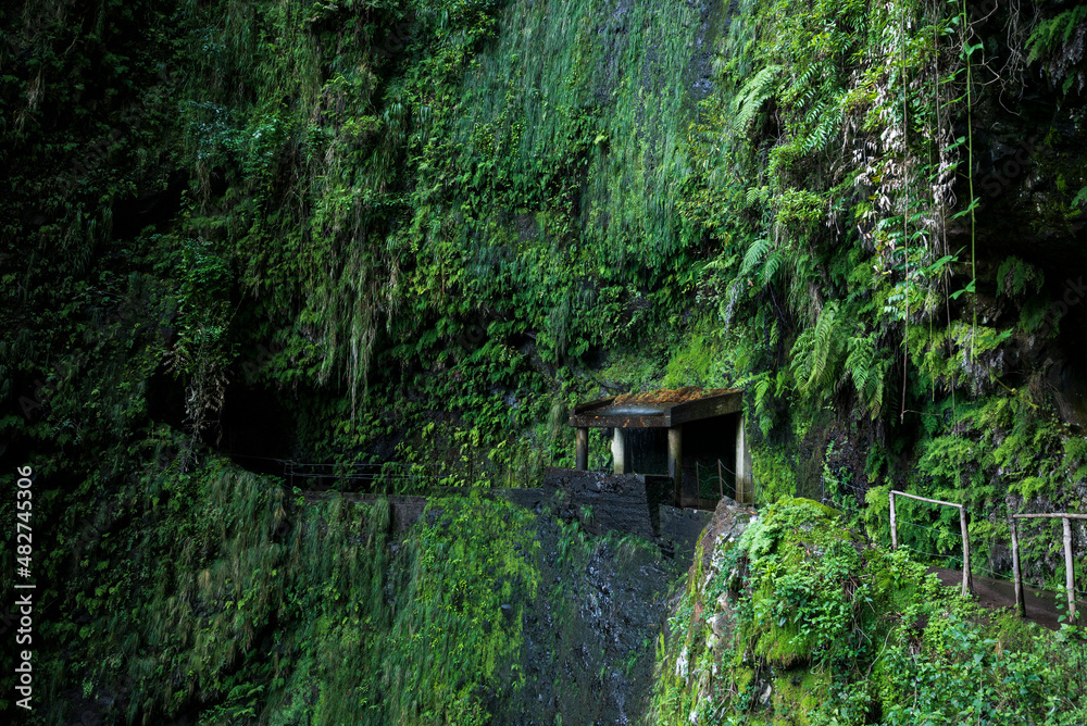 Small hut under a waterfall in a moss and fern covered rock cauldron at the “Levada da Ribeira de Janela”, one of the most picturesque levada hiking trails on Madeira, Portugal Small hut under a waterfall in a moss and fern covered rock cauldron at the “Levada da Ribeira de Janela”, one of the most picturesque levada hiking trails on Madeira, Portugal