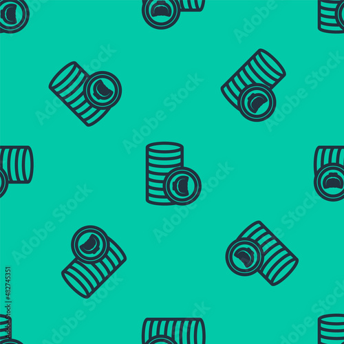 Blue line Coin money with euro symbol icon isolated seamless pattern on green background. Banking currency sign. Cash symbol. Vector