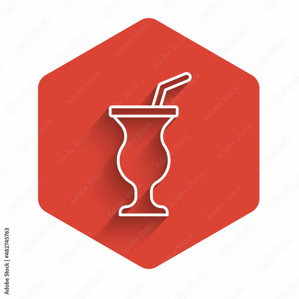 Obraz premium White line Milkshake icon isolated with long shadow. Plastic cup with lid and straw. Red hexagon button. Vector