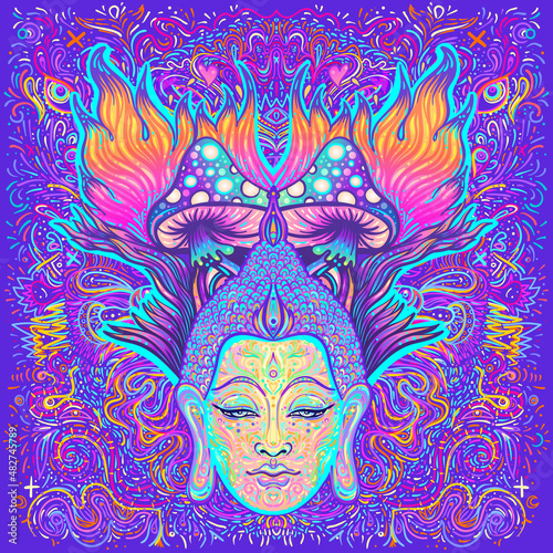 Sitting Buddha over colorful neon background. Vector illustration. Psychedelic mushroom composition. Indian, Buddhism, Spiritual Tattoo, yoga, spirituality. Sticker, patch, 60s hippie colorful art.