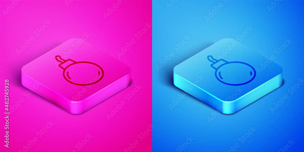 Isometric line Bomb ready to explode icon isolated on pink and blue background. Square button. Vector