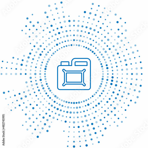 Blue line Canister for motor machine oil icon isolated on white background. Oil gallon. Oil change service and repair. Engine oil sign. Abstract circle random dots. Vector