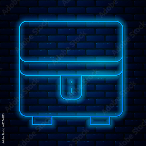 Glowing neon line Jewelry box icon isolated on brick wall background. Casket with jewelry. Vector