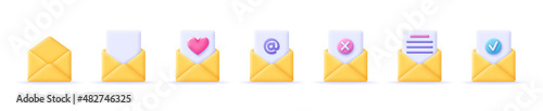3D set of yellow not open envelopes icons. Incoming mail notify, newsletter and online email concept. Render envelopes buttons with check mark, cross, heart. 3d realistic vector illustration