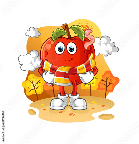apple with worm in the autumn. cartoon mascot vector