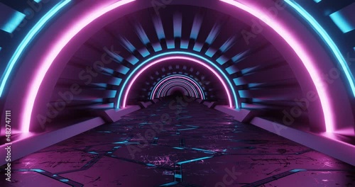 3d rendering seamless loop motion of sci-fi corridor with blue and oink neon light.