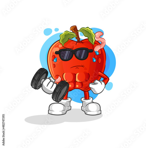 apple with worm lifting dumbbell vector. cartoon character