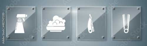 Set Curling iron for hair, Straight razor, Shaving gel foam and Hairdresser pistol spray bottle. Square glass panels. Vector