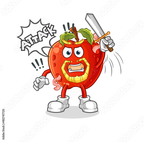 apple with worm knights attack with sword. cartoon mascot vector