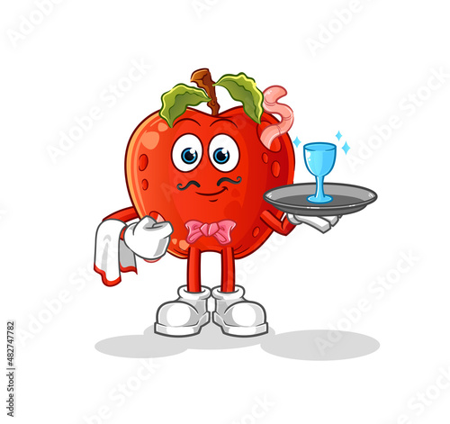 apple with worm waiter cartoon. cartoon mascot vector