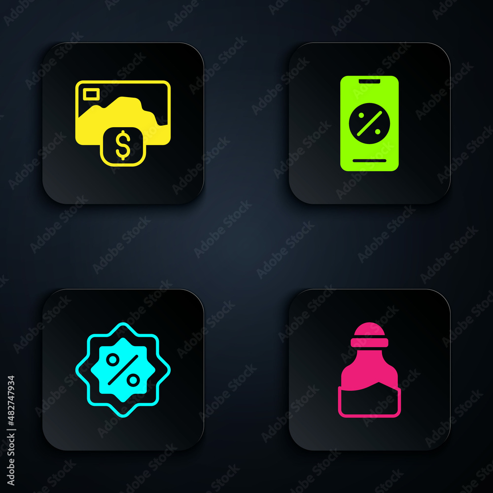 Set Spice in can, Credit card, Discount percent tag and Percent discount and mobile. Black square button. Vector Set Spice in can, Credit card, Discount percent tag and Percent discount and mobile. Black square button. Vector