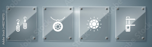 Set Calliper or caliper and scale, Diamond, Pendant necklace and Earrings. Square glass panels. Vector