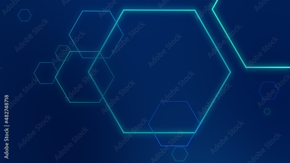 Abstract hexagon geometric blue neon lights technology dark background.