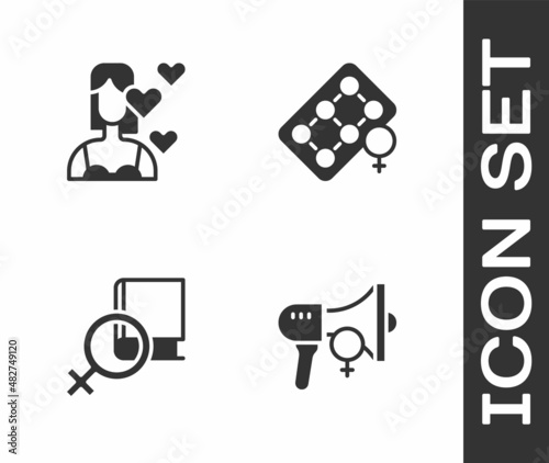 Set Feminist activist, Love yourself, Book about women and Packaging of birth control pills icon. Vector