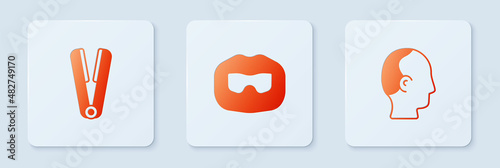 Set Mustache and beard, Curling iron for hair and Baldness. White square button. Vector
