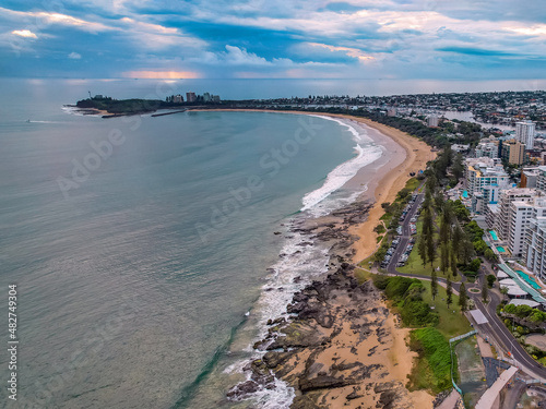 Aerial drone view on Moloolaba beach ocean Mooloolaba Beach travel concept Queensland Australia © purmakdesigns