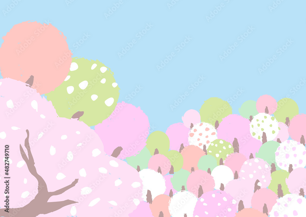 桜咲く山の風景 ほっこり、はんなりとしたやさしい色使いの背景イラスト 桜咲く山の風景 ほっこり、はんなりとしたやさしい色使いの背景イラスト