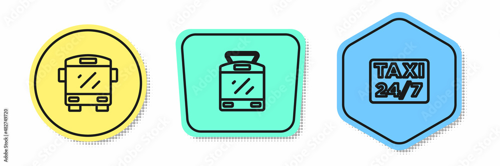 Set line Bus, Tram and railway and Location with taxi. Colored shapes. Vector Set line Bus, Tram and railway and Location with taxi. Colored shapes. Vector